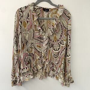 Boho Women's Eclectic Paisley Multi Ruffle Bell Sleeve Frill Blouse S